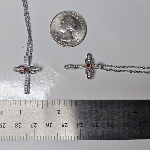 Clear White & Red Diamond Cross Pendant Necklace on 925 Silver - Picture 6 of 6